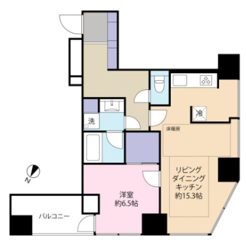 専有面積55.00？1LDK　LDK15.3帖　床暖房付き　洋室6.5帖　収納力の高いWIC　単身者やDINKSに適した間取りです。