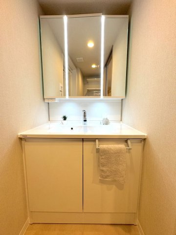 朝の身支度やヘアセットに便利な、機能的な独立洗面化粧台。鏡の裏や足元にも収納スペースを備えており、散らかりがちな洗面周りをすっきりと保つことができます。清潔感のある爽やかなデザインです。