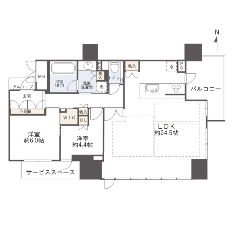 【間取り】25階、南東角住戸につき、眺望・採光・通風良好◎3LDK→2LDKへ変更し、約24.5帖のゆとりあるLDKを実現◎