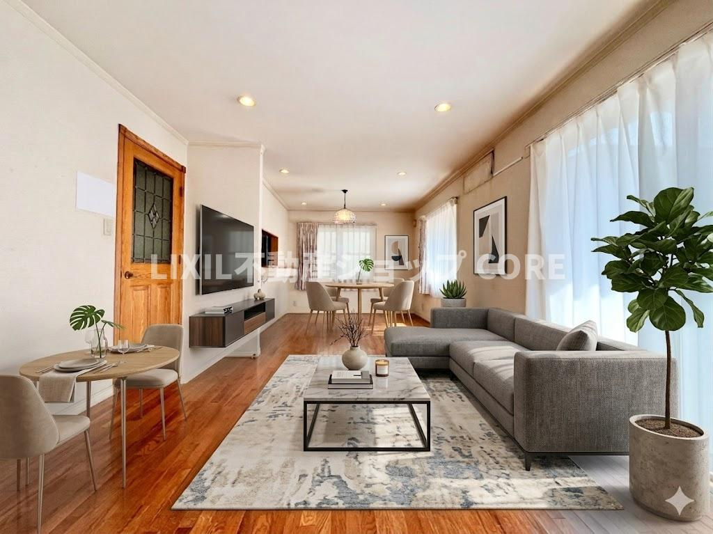 オープンでのびやかな空間を生み出す、こだわりの広がりとゆとりのリビング。(AIで修正しています)　　　明るい日差しに包まれる住宅で新しい暮らしを始めませんか？お問合せお待ちしております。(AIで修正し