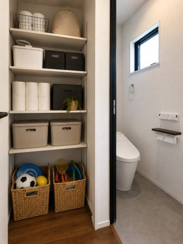玄関奥にある可動棚付きの廊下収納。トイレットペーパーや掃除用具はもちろん、おもちゃや日用品までたっぷり収まります。必要な場所に、必要な収納を配置した暮らしやすい設計が魅力です。