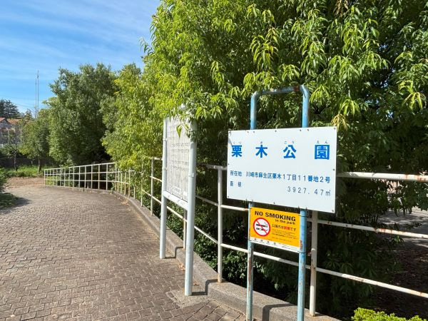 道路を挟んで広い栗木公園があります。複合すべり台などの遊具もあります。