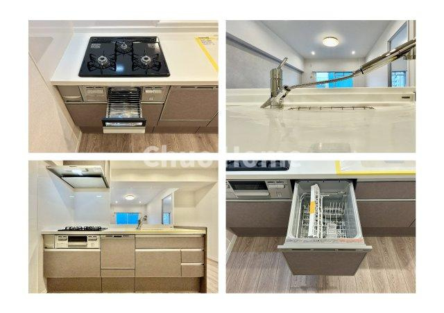 【システムキッチン】ワイドで収納豊富な使い勝手の良いカウンターキッチンには、食洗器・伸縮タイプのキッチン水栓、三ツ口コンロ・魚焼きグリルなどの便利な設備が標準完備されています。