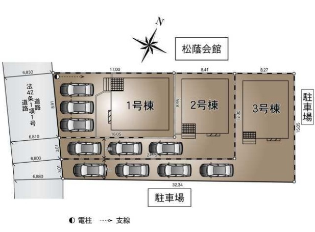 2号棟　旗竿地（間口約3.0ｍ）　南西側約6.8ｍ公道　駐車3台（車種によります）　敷地面積44.9坪（路地状部分敷地含む）