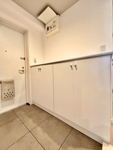 【玄関収納】　壁面にはシューズボックスが設置されています。シューズボックス上にはお花を飾ったり、外出時に忘れてはいけない物を置いておいたり、便利に利用できます。