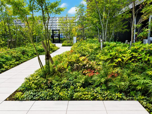 敷地内には豊かな植栽に囲まれた「グリーンコリドー」を配置。季節の移ろいを身近に感じながら散策できる、まるで公園のような癒しの空間が日々の暮らしを彩ります。