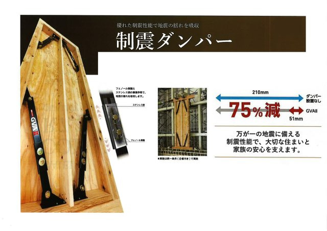 地震の揺れを最大75％低減する制震ダンパー。高耐久な樹脂製で繰り返す地震にも強く、家族の安全を守ります。