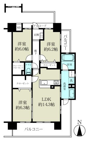 3LDK（79.43？）東南北の三方角住戸です。リビング隣の洋室を引戸で大きなリビングに利用可能です。