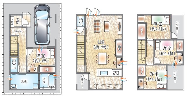 【参考プラン？】(ベストプラン建物価格：2480万円～)　■建物面積：99.55？　■3階建て×4LDK　19帖のLDKで、家族が自然と集まるおうち。広さに余裕のある洗面室は、ランドリー動線もスムーズ