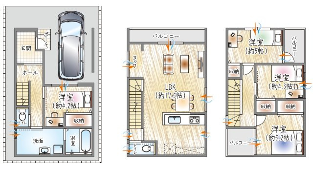 【参考プラン？】(ベストプラン建物価格：2480万円～)　■建物面積：99.77？　■3階建て×4LDK　明るい採光が広がる、17.5帖のゆったりLDK！家族で暮らしやすい間取り◎