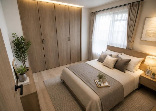 約6帖の洋室は南東向きの窓から心地よい光が入る明るいお部屋です。全居室フローリング仕様のため清掃も簡単に行えます。クローゼット等の収納スペースも備わっており、寝室や居室として快適にご利用いただけます。