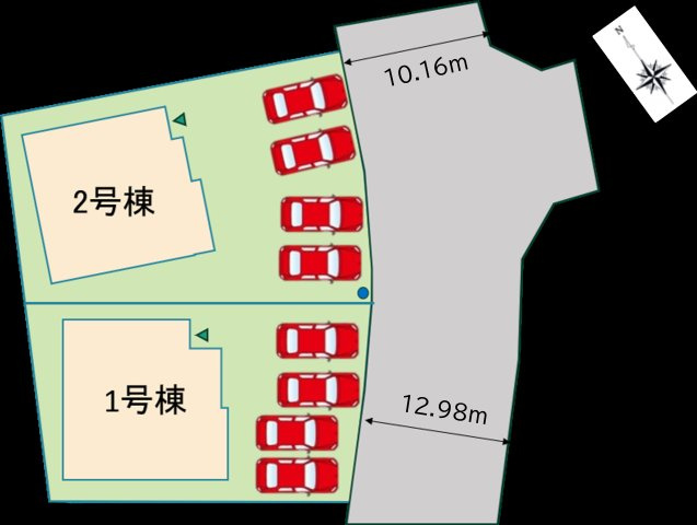 全2棟の新築分譲住宅。前面道路は約10.16m～12.98mと広く、各棟4台駐車可能。ゆとりある敷地で快適なカーライフを実現できます。
