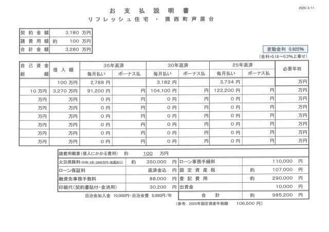 【お支払い説明書（例）】必要な諸費用全て含めて計算しております。ご入居後に余分な出費はございません。