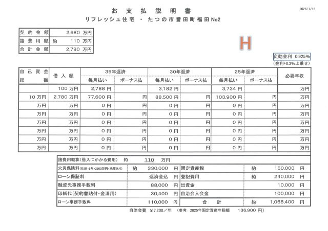 【お支払い説明書（例）】必要な諸費用全て含めて計算しております。ご入居後に余分な出費はございません。