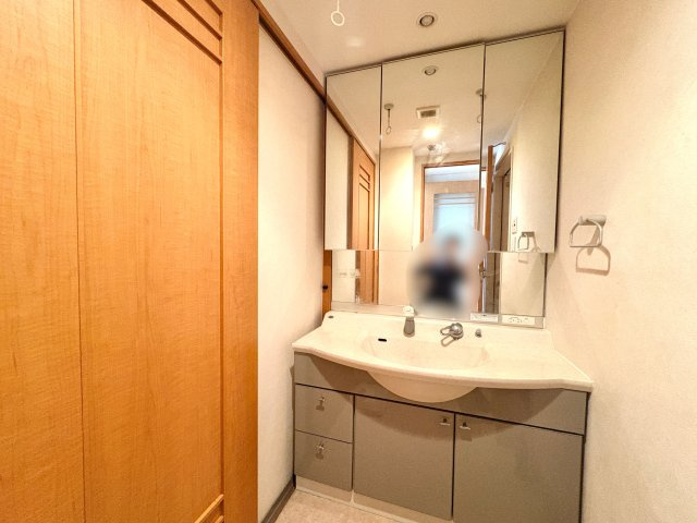 大きな三面鏡を備え、身支度がしやすく鏡裏の収納ですっきりと片付く機能的な洗面スペースです。