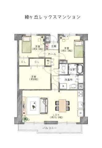専有面積71．01？の3ＬＤＫの間取り。和室を洋室に変更しています♪ペットと暮らせるマンションです♪