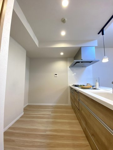 キッチン幅　ゆったりとした調理スペースを確保したキッチン周り。十分なワークスペースとスライド収納を備えており、毎日の料理や後片付けが手際よく行えます。