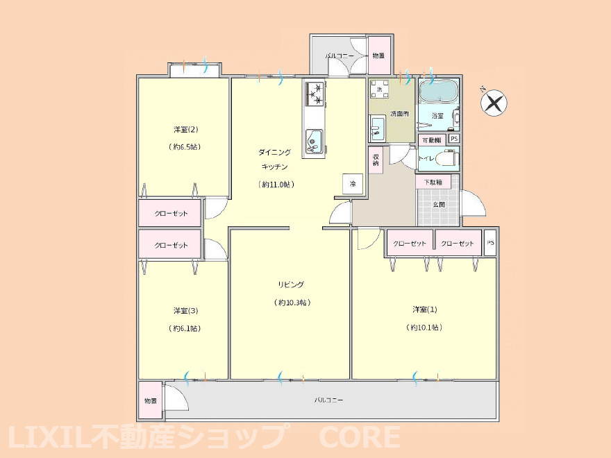 南西向きの明るい角部屋！約93.21？の全居室ゆとりの6帖以上の3LDKの間取りです。