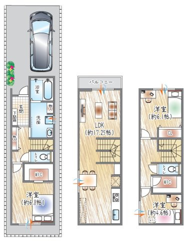 【参考プラン？】(ベストプラン建物価格：2480万円～)　■建物面積：96.70？　■3階建て×3LDK　家族が自然と集まりたくなる、ゆとりの17帖LDKのある暮らし◎