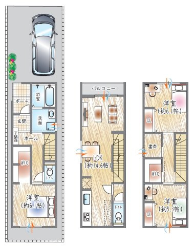 【参考プラン？】(ベストプラン建物価格：2480万円～)　■建物面積：94.01？　■3階建て×3SLDK　書斎×各居室のゆとり。実用性を高めた住空間設計