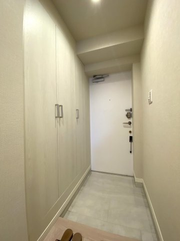 明るく清潔感のある玄関アプローチです。シューズボックスが完備されており、靴や日用品をすっきりと収納できます。居住者や訪問者を気持ちよく迎え入れてくれる上品な空間です。