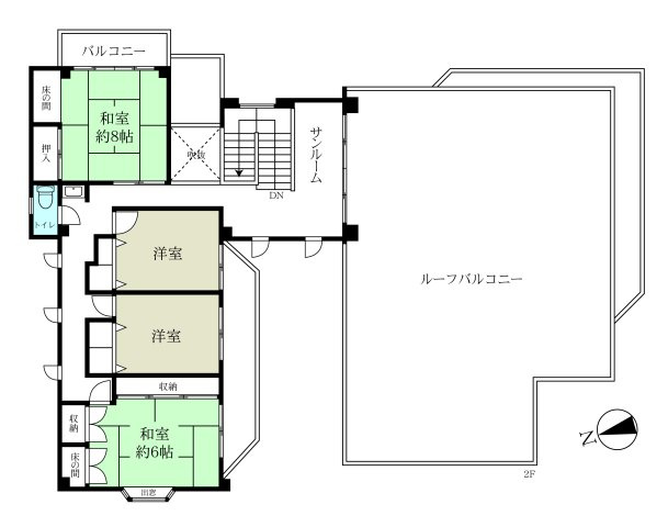 2階は南向きのサンルームと大きなルーフバルコニー、それに洋室と和室が2つずつ。