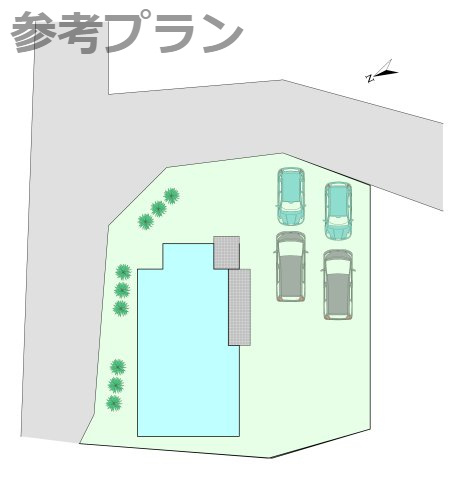 こちらは建物プラン例：参考イメージ図です。　区画内の建物・駐車場・庭の配置の一例です。