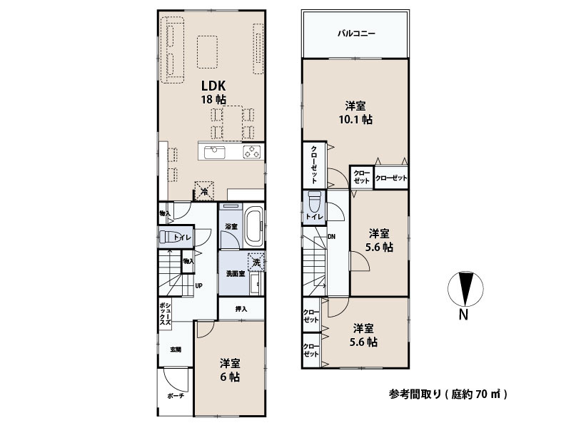 参考間取図です。50坪の広々とした土地の為様々なプランでの建設が可能です♪　弊社でも建築のご相談を承っております。お気軽にお問い合わせくださいませ！