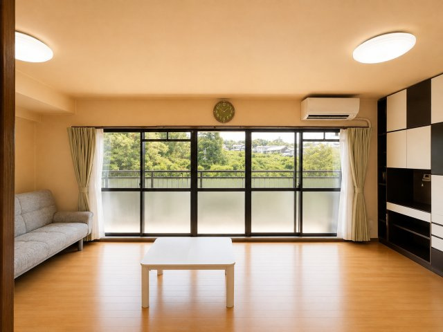 大きな窓から明るい光が差し込む、開放感あるリビングです。窓面が広く確保されているため、室内に自然光を取り込みやすく、心地よい空間が広がります。さまざまな生活スタイルに合わせやすい住空間となっています。