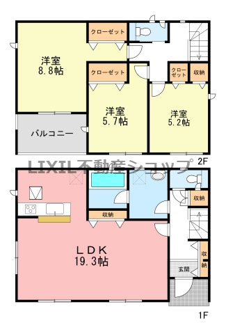 【間取り図】1号棟　間取り図です。収納充実の3LDK。LDKは広々19帖。広めのインナーバルコニー付きです。