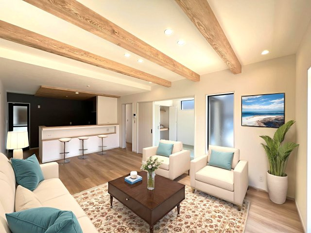 18帖広々LDK　窓から陽が差して明るいリビングです。この家具はAI生成によって配置されたものです