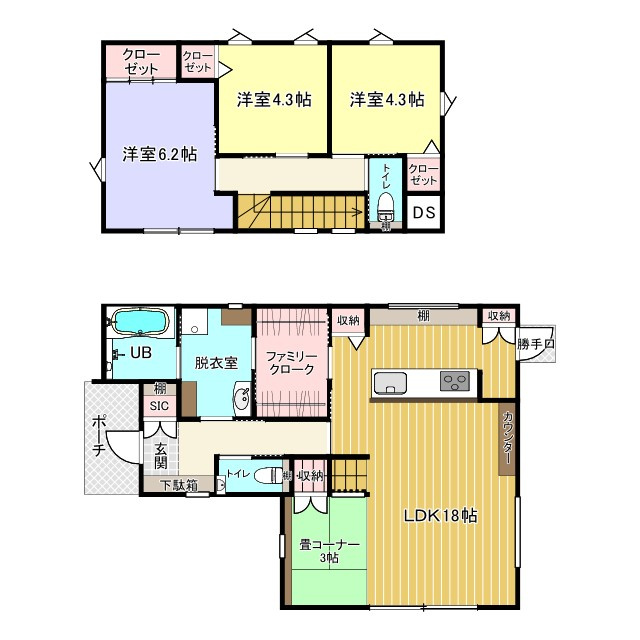 家族でゆったり暮らせる3LDK。1階には広々としたLDKと畳コーナーを配置し、キッチン横にはファミリークロークを備えています。収納力と生活動線にも配慮された、子育て世帯にも使い勝手の良い間取りです。