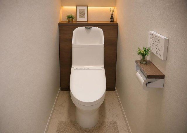 2025年3月に新品へ交換された温水洗浄便座付きトイレです。壁クロスや床材も新しく張り替えられており、清潔感にあふれた居心地の良い空間です。手洗い設備やペーパー保持部も使いやすく配置されています。