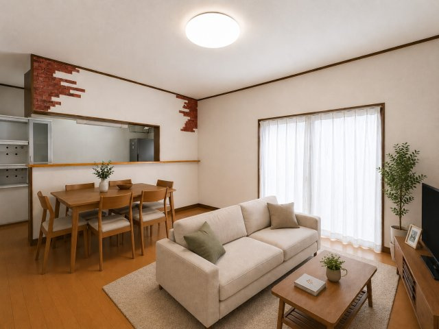ＬＤＫ14帖　明るく開放的な空間です♪（画像の家具はAIによって作成したものです）