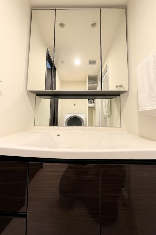 大きく見やすい三面鏡で清潔感ある洗面台は、身だしなみチェックや肌のお手入れに最適です。何かと物が増える場所だからこそ、スッキリと見映えの良い空間に拵えました。