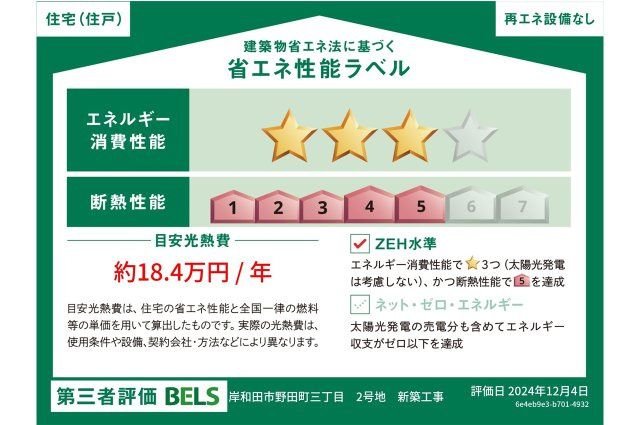 BELSとは第3者評価機関が評価し認定した『建築物省エネルギー性能』をわかりやすく表示したものです。