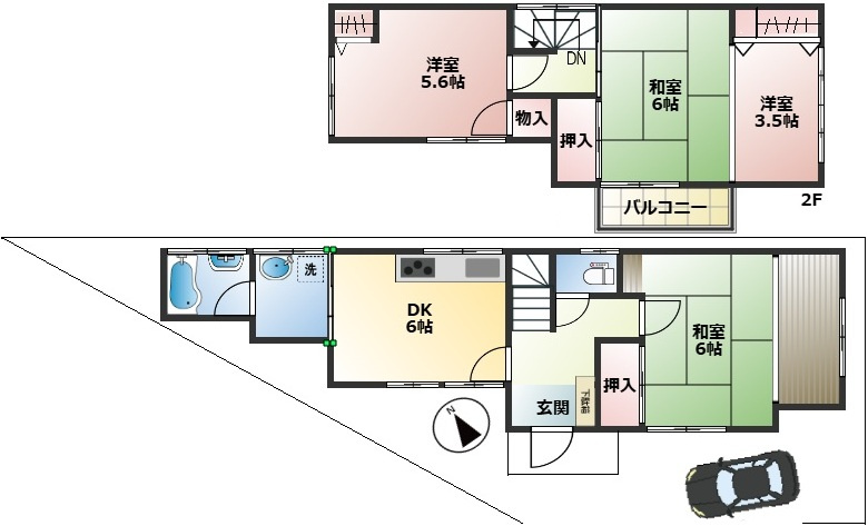 全室収納付きで使い勝手の良いゆとりの4DK！1階和室は客間や家族の空間に。2階は独立した3部屋があり、3.5帖の洋室は書斎やテレワーク、大型クローゼットとしても活用できる自由度の高い間取りです。