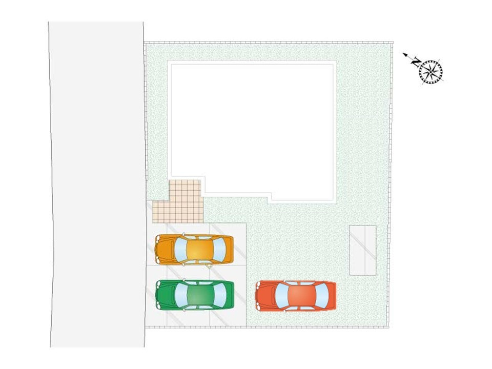 【1号棟　配置図】駐車スペース3台分確保。両親やご友人のお車を停めても余裕のある広さです。