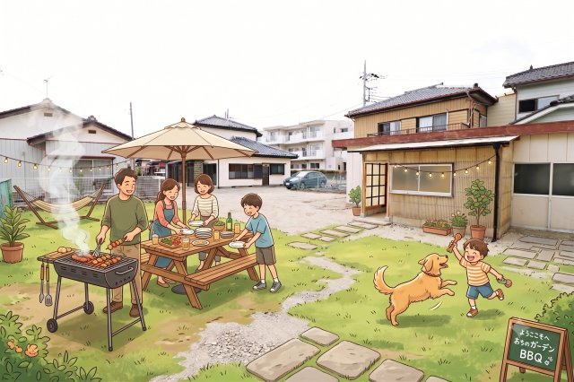お庭でBBQをするイメージ写真です！