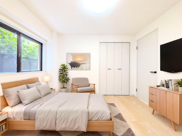 約5．5帖の中部屋。窓から緑の木々が見え、さわやかな感じのするお部屋です。※写真の家具はイメージ画像