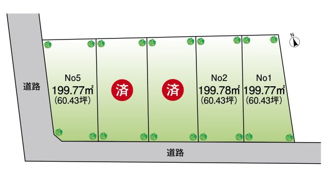 南道路に面した陽当たり良好な全5区画！　？1190万円　199.77？　？1240万円　199.78？　？1460万円　199.78？　　？1460万円　199.78？　？1750万円　199.77？