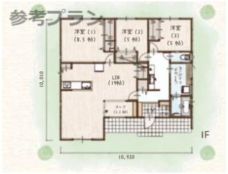 こちらは建物プラン例：参考イメージ図です。　3LDK　建築面積/102.68？（31.06坪）　延床面積/96.05？（29.06坪）　建築条件なし、お好きなプランで建てられます。