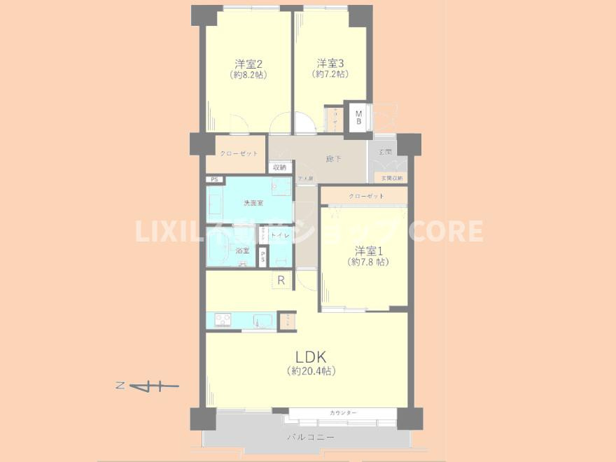 約20.4帖の広々としたLDKが魅力の3LDKです。3つの洋室はすべて7帖以上の広さがあり、ゆとりあるプライベート空間を確保。全居室に収納を備え、すっきりと快適な暮らしが叶う間取りです。