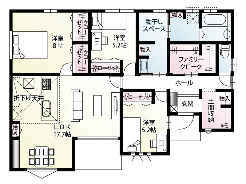 【6号棟：間取り図】玄関近くの土間収納や大型のファミリークロークなど、豊富な収納力でお部屋はいつでもスッキリ。家事動線にも配慮された、家族みんなが快適に暮らせる間取りです。