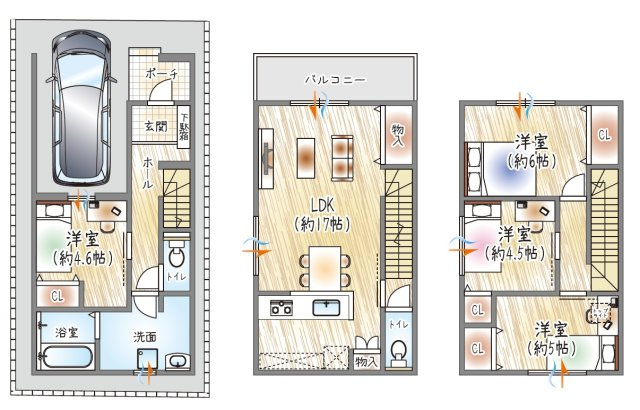 【参考プラン？】(ベストプラン建物価格：2480万円～)　■建物面積：98.15？　■3階建て×4LDK　ゆとりある洗面室と17帖LDKで、快適に暮らせる設計♪