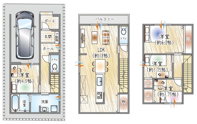 【参考プラン？】(ベストプラン建物価格：2480万円～)　■建物面積：96.07？　■3階建て×4LDK　開放感ある18帖LDK×対面キッチン。自然と家族が集う住まい