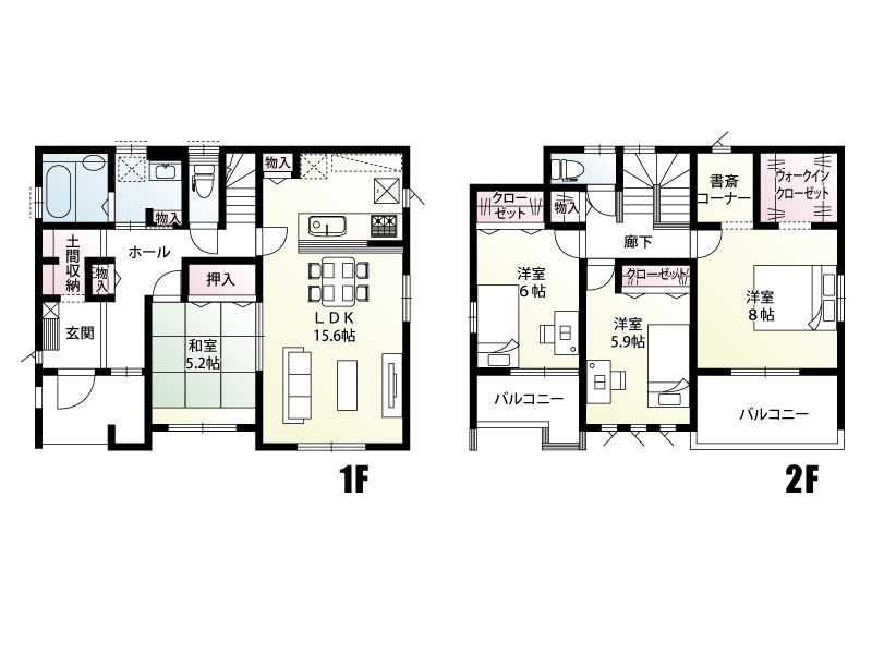 【1号棟：間取り図】土間収納やWICなど、家中に収納が豊富で片付け上手になれる間取りです！書斎コーナーや和室など、自分の時間も家族の時間も両方大切にできます。