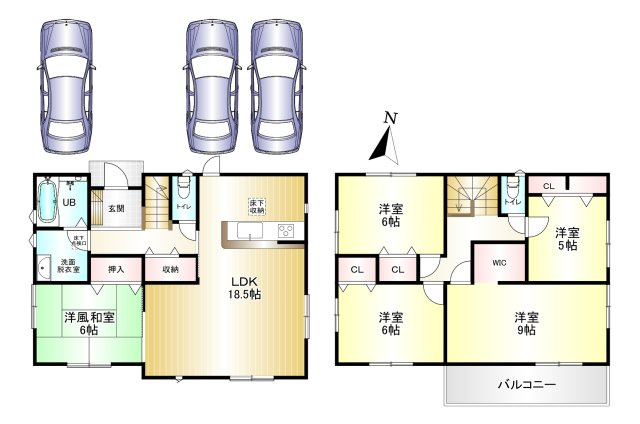 5LDK　土地面積:195.71？　建物面積：117.58？　駐車スペース3台