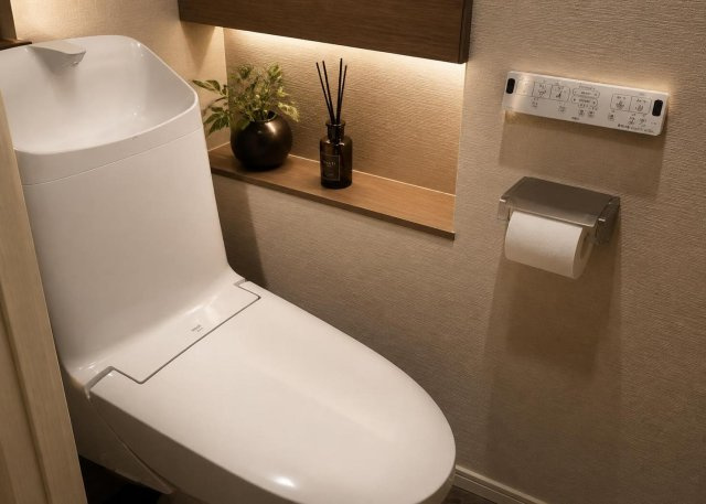 2026年8月にリフォームを終えた清潔なトイレ空間です。快適に使用できる温水洗浄便座が新たに設置されています。壁紙や床材も刷新されており、心地よく過ごせるプライベートスペースに仕上がっています。