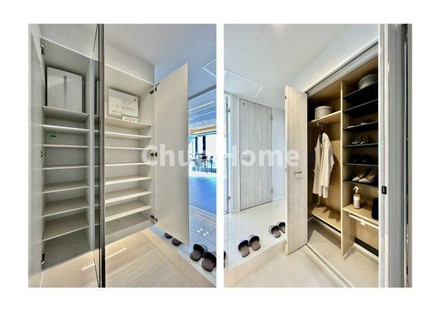 【玄関】玄関を入ると左右に大型のシューズクローゼットを設置しておりますのでいつでもスッキリりとした空間を保てます。玄関周りを清潔に使うのはとても大事なことですよね。